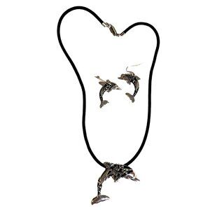 Dolphin Necklace & Earrings Set Silver Black Dolphin Pendant Swirl Black Cord